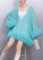 Sky Blue Patchwork Tulle Knit Cardigans Hollow Out Spring