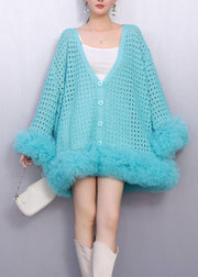 Sky Blue Patchwork Tulle Knit Cardigans Hollow Out Spring