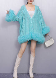 Sky Blue Patchwork Tulle Knit Cardigans Hollow Out Spring