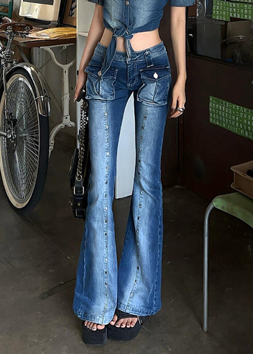 Slim Blue Rivet Pockets High Waist Denim Flare Bottoms Fall