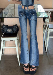 Slim Blue Rivet Pockets High Waist Denim Flare Bottoms Fall