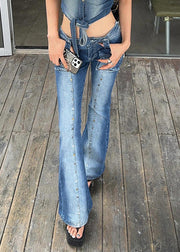 Slim Blue Rivet Pockets High Waist Denim Flare Bottoms Fall