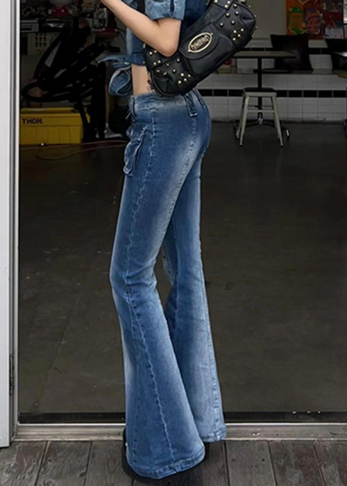 Slim Blue Rivet Pockets High Waist Denim Flare Bottoms Fall
