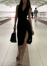 Slim Fi Black V Neck Side Open Maxi Spaghetti Strap Dresses Sleeveless