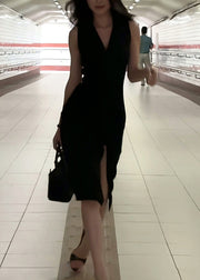 Slim Fi Black V Neck Side Open Maxi Spaghetti Strap Dresses Sleeveless