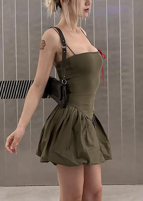 Slim Fit Army Green Backless Wrinkled Cotton Spaghetti Strap Dress Sleeveless