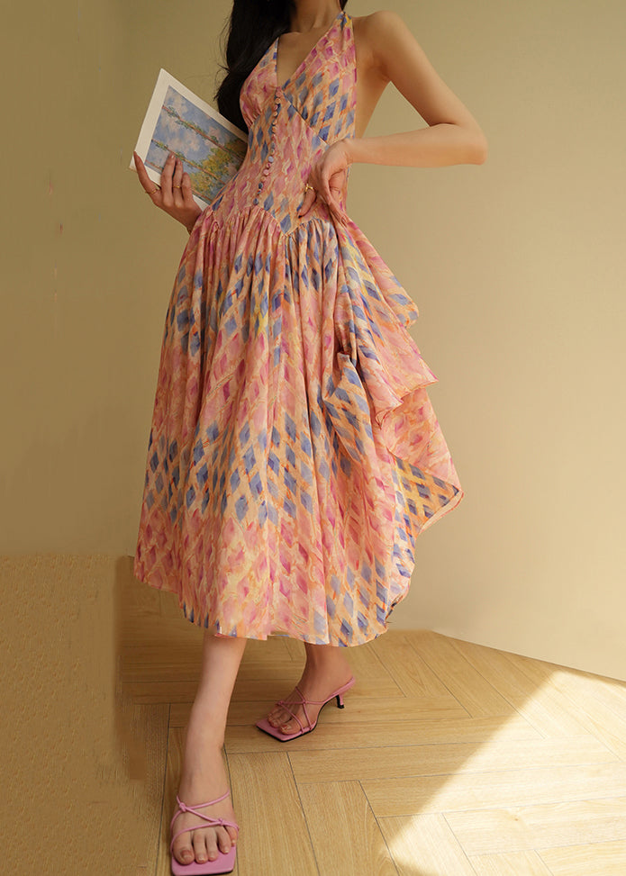 Slim Fit Backless Plaid Lace Up Cotton Long Dresses Sleeveless
