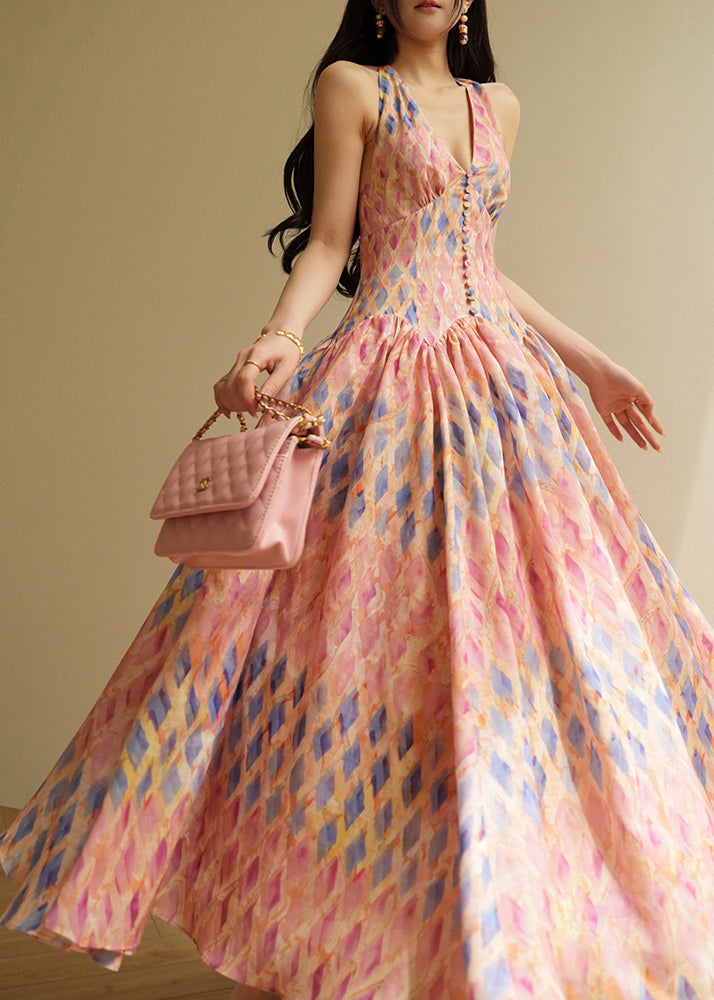 Slim Fit Backless Plaid Lace Up Cotton Long Dresses Sleeveless