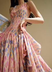 Slim Fit Backless Plaid Lace Up Cotton Long Dresses Sleeveless