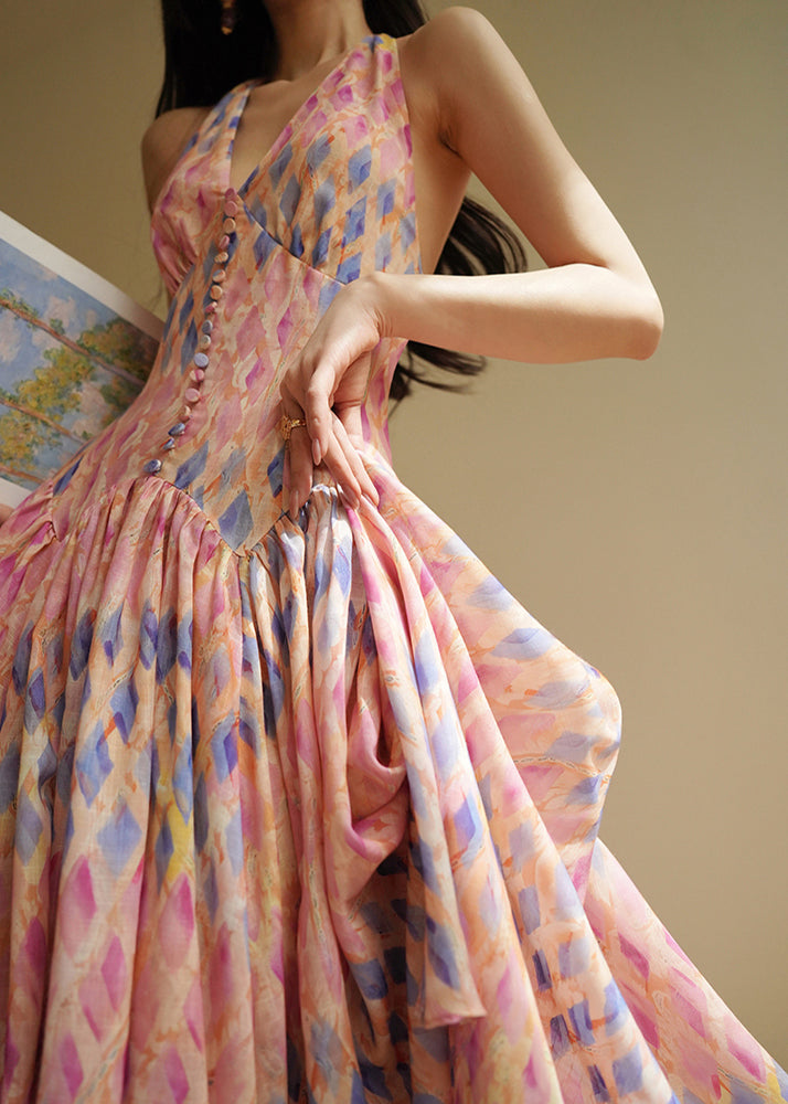Slim Fit Backless Plaid Lace Up Cotton Long Dresses Sleeveless
