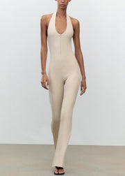 Slim Fit Beige Backless Zippered Solid Cotton Jumpsuit Sleeveless