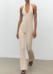 Slim Fit Beige Backless Zippered Solid Cotton Jumpsuit Sleeveless