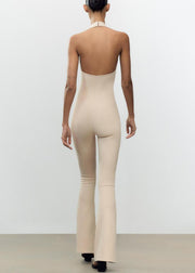 Slim Fit Beige Backless Zippered Solid Cotton Jumpsuit Sleeveless