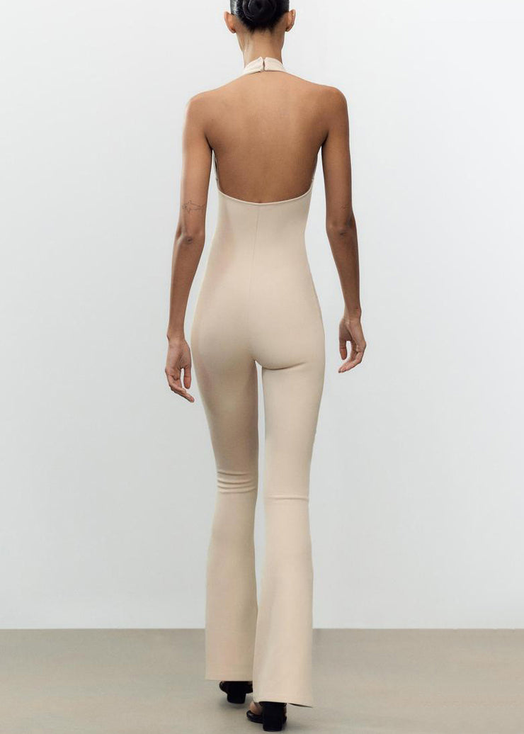 Slim Fit Beige Backless Zippered Solid Cotton Jumpsuit Sleeveless