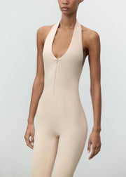 Slim Fit Beige Backless Zippered Solid Cotton Jumpsuit Sleeveless