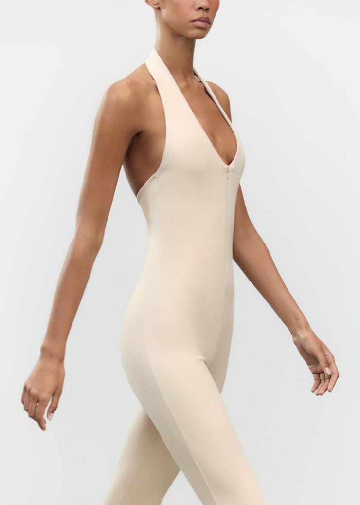 Slim Fit Beige Backless Zippered Solid Cotton Jumpsuit Sleeveless