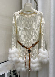 Slim Fit Beige Fox Patchwork Tie Waist Cotton Knit Sweaters Winter