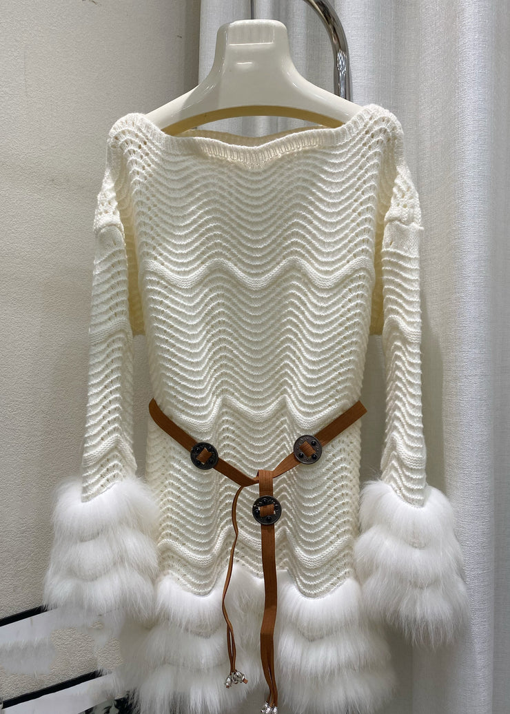 Slim Fit Beige Fox Patchwork Tie Waist Cotton Knit Sweaters Winter