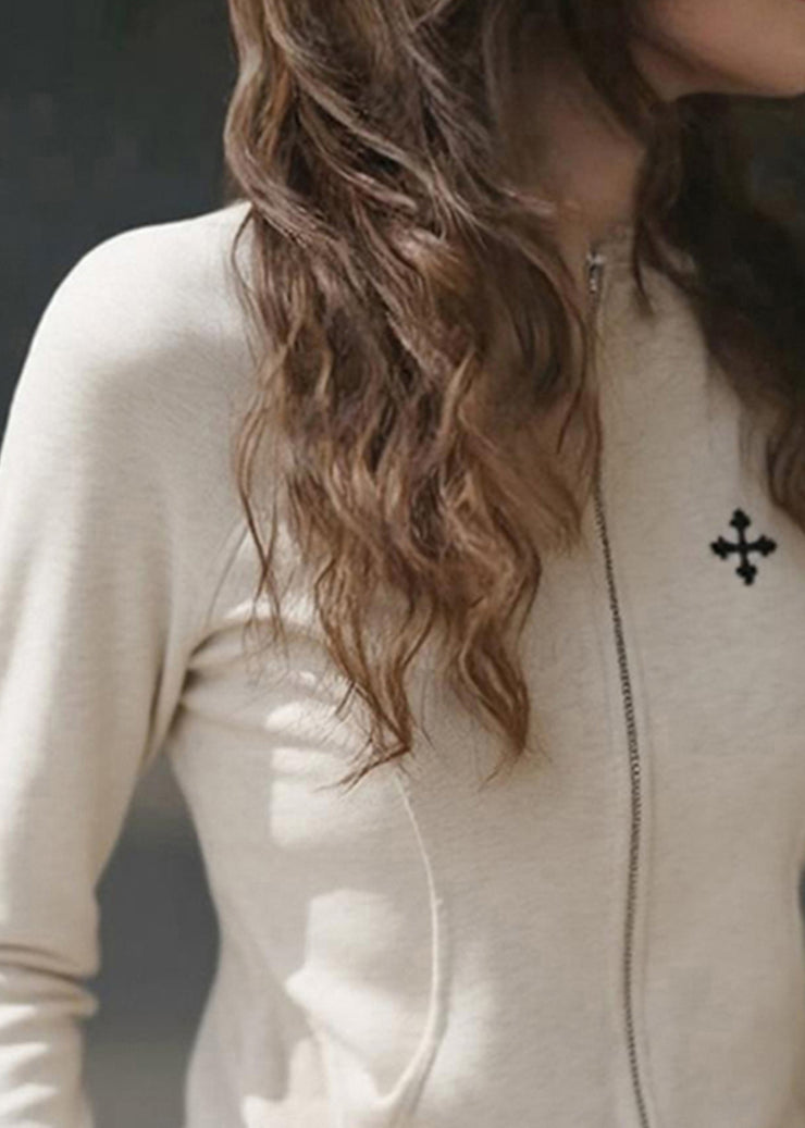 Slim Fit Beige O-Neck Zip Up Patchwork Cotton Coats Fall