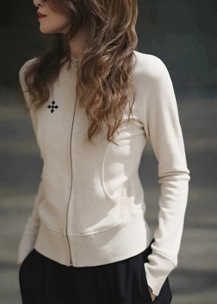 Slim Fit Beige O-Neck Zip Up Patchwork Cotton Coats Fall