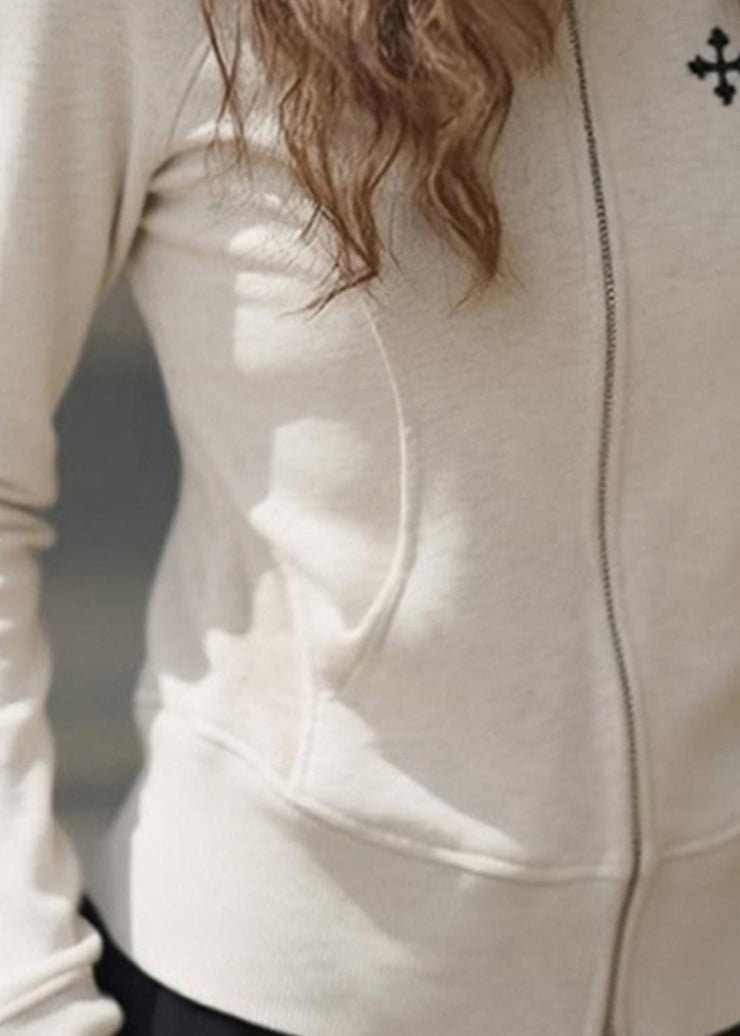 Slim Fit Beige O-Neck Zip Up Patchwork Cotton Coats Fall