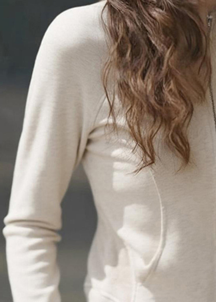 Slim Fit Beige O-Neck Zip Up Patchwork Cotton Coats Fall