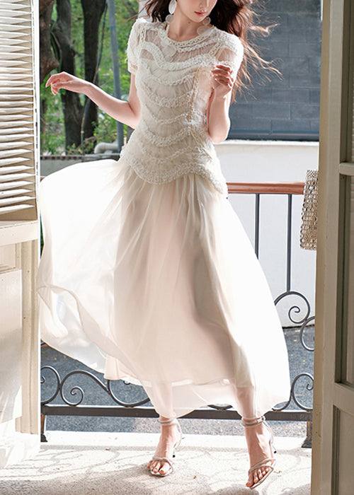 Slim Fit Beige Original Design Solid Tulle Long Dress Summer