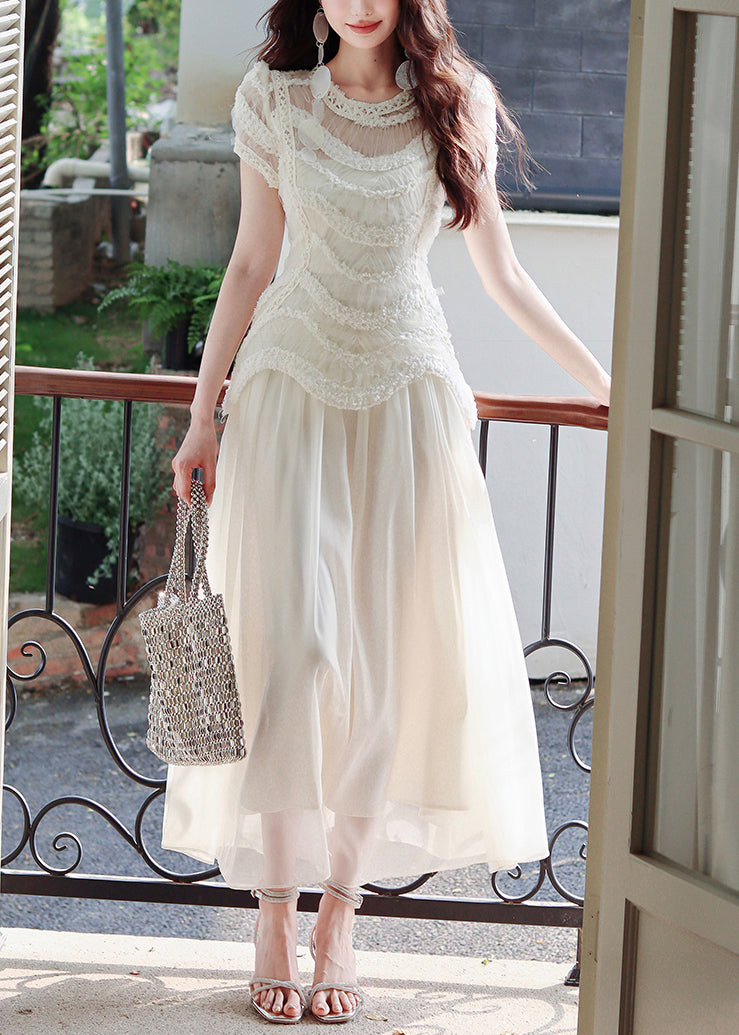 Slim Fit Beige Original Design Solid Tulle Long Dress Summer