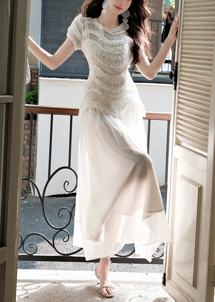 Slim Fit Beige Original Design Solid Tulle Long Dress Summer