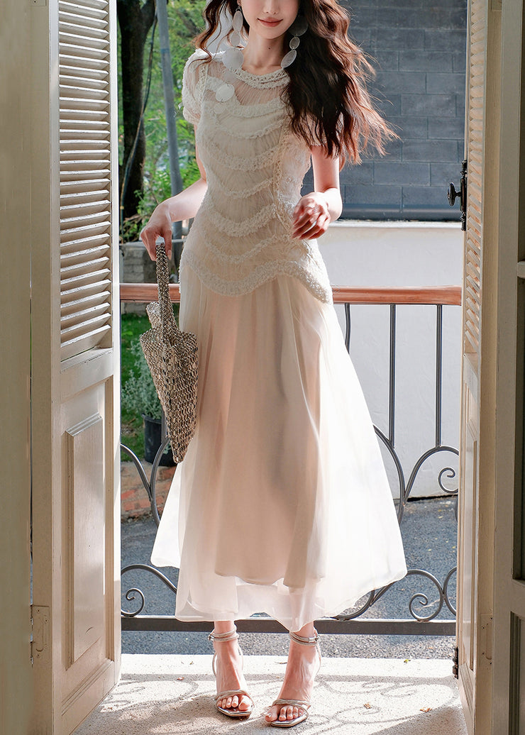 Slim Fit Beige Original Design Solid Tulle Long Dress Summer