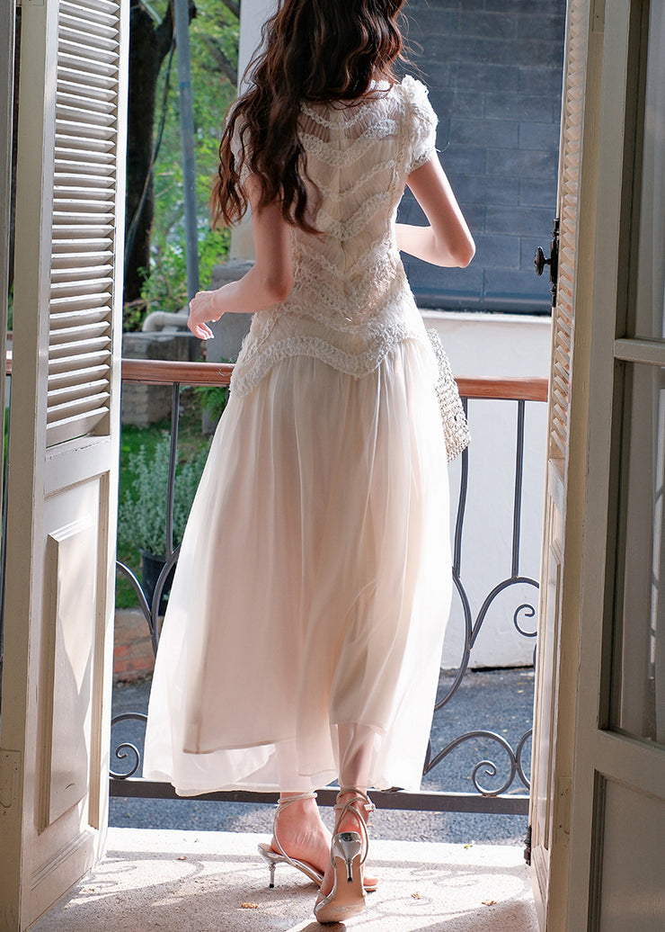Slim Fit Beige Original Design Solid Tulle Long Dress Summer