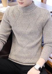 Slim Fit Beige Plaid Solid Knit Mens Sweaters Winter