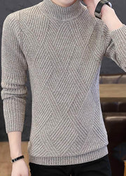 Slim Fit Beige Plaid Solid Knit Mens Sweaters Winter