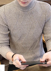 Slim Fit Beige Plaid Solid Knit Mens Sweaters Winter