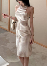 Slim Fit Beige Striped Hollow Out Lace Dress Sleeveless