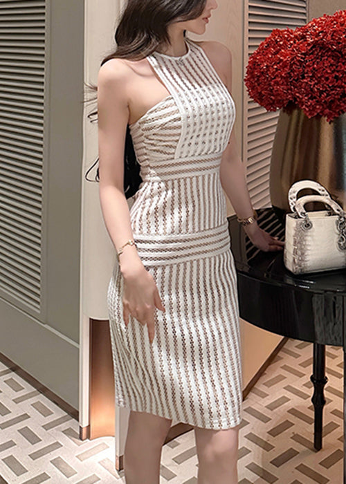Slim Fit Beige Striped Hollow Out Lace Dress Sleeveless