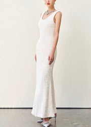 Slim Fit Beige U Neck High Waist Cotton Long Dresses Sleeveless