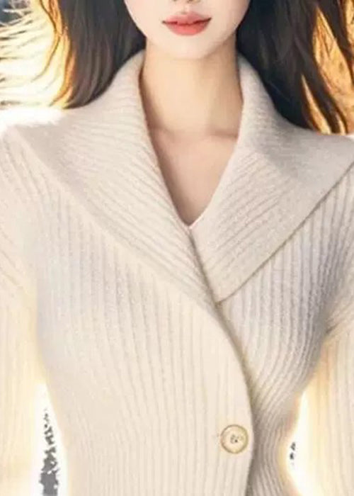 Slim Fit Beige V Neck Button Solid Knit Sweater Winter