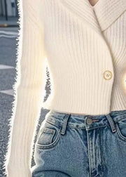 Slim Fit Beige V Neck Button Solid Knit Sweater Winter