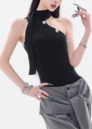 Slim Fit Black Asymmetrical Cold Shoulder Knit Top Sleeveless