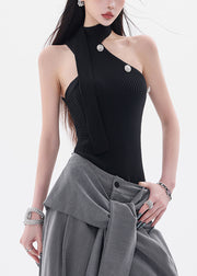 Slim Fit Black Asymmetrical Cold Shoulder Knit Top Sleeveless