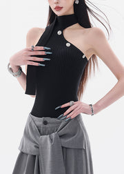 Slim Fit Black Asymmetrical Cold Shoulder Knit Top Sleeveless