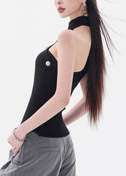 Slim Fit Black Asymmetrical Cold Shoulder Knit Top Sleeveless