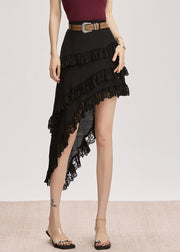 Slim Fit Black Asymmetrical Lace Patchwork Cotton Skirt Summer