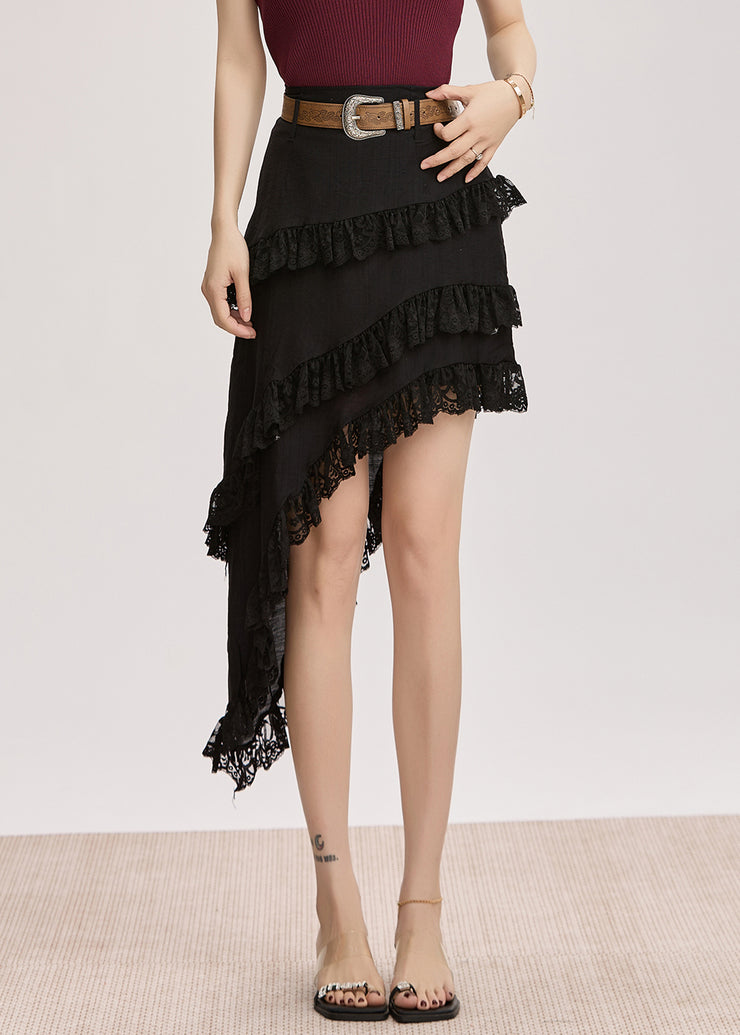 Slim Fit Black Asymmetrical Lace Patchwork Cotton Skirt Summer