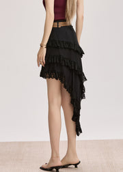 Slim Fit Black Asymmetrical Lace Patchwork Cotton Skirt Summer