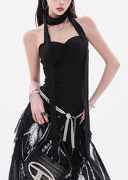 Slim Fit Black Asymmetrical Lace Solid Cotton Tank Sleeveless