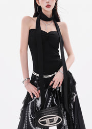 Slim Fit Black Asymmetrical Lace Solid Cotton Tank Sleeveless