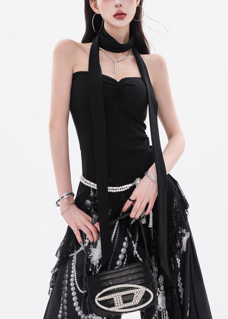 Slim Fit Black Asymmetrical Lace Solid Cotton Tank Sleeveless