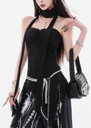 Slim Fit Black Asymmetrical Lace Solid Cotton Tank Sleeveless